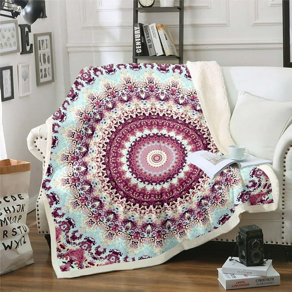Retro Persian Sherpa Blanket Hippie Oriental Blanket, Abstract Floral Throw Blanket for Chair for Girls Women Vintage Medallion Fleece Blanket, Pink Teal Aesthetic Plush Blanket