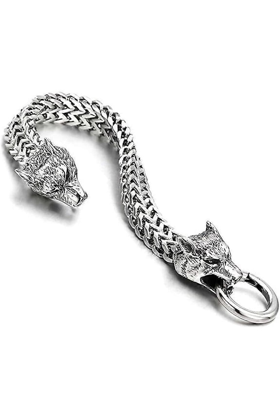 Retro Personalized Viking Wolf Head Bracelet, Cycling Men's Stainless Steel Wolf Head Franco Chain Horse Bit Rope Bracelet With Spring Ring Buckle
