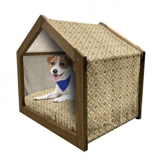 Retro Pet House, Retro Diamond Form Leaves Pattern with Curvy Shapes and Silhouette Daisies, Outdoor & Indoor Portable Dog Kennel with Pillow and Cover, 5 Sizes, Caramel and Beige, by Ambesonne