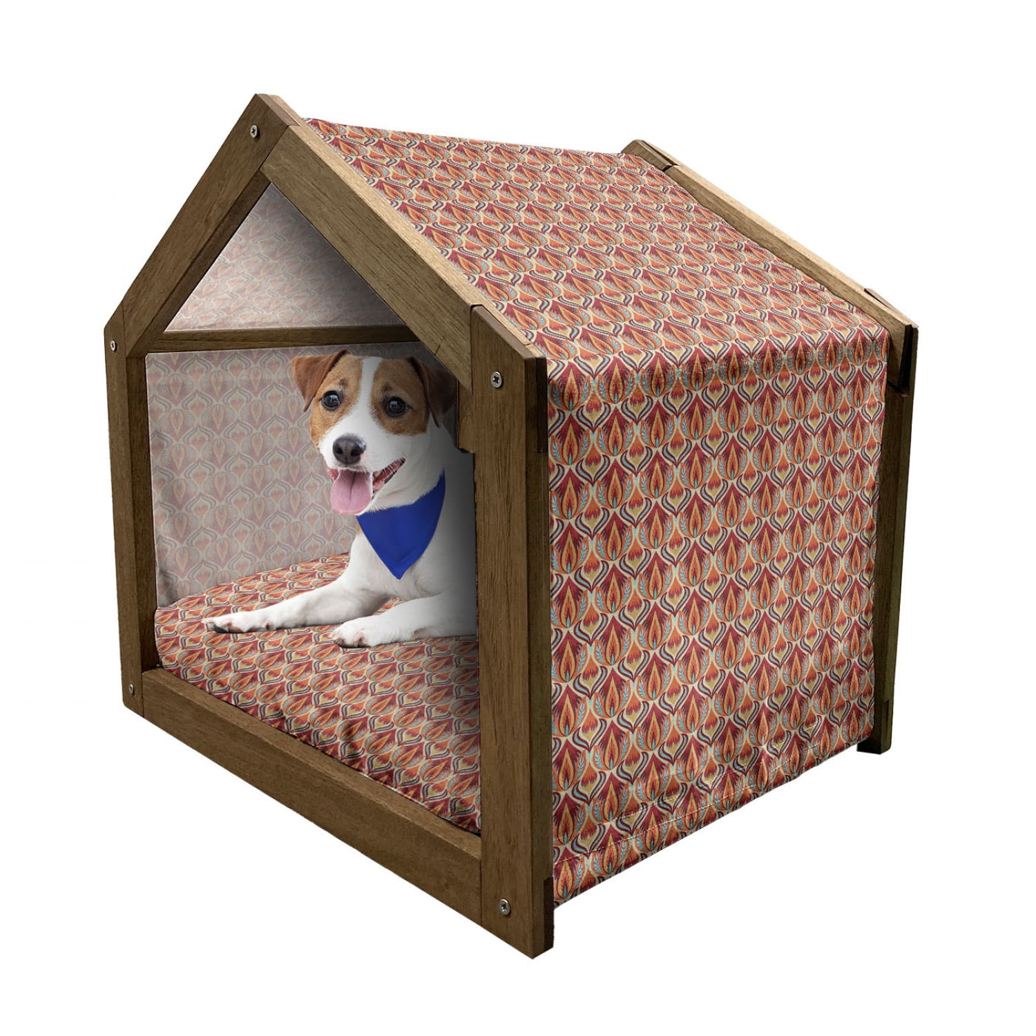Floral Patterned Wooden Dog House with Canopy and Pillow