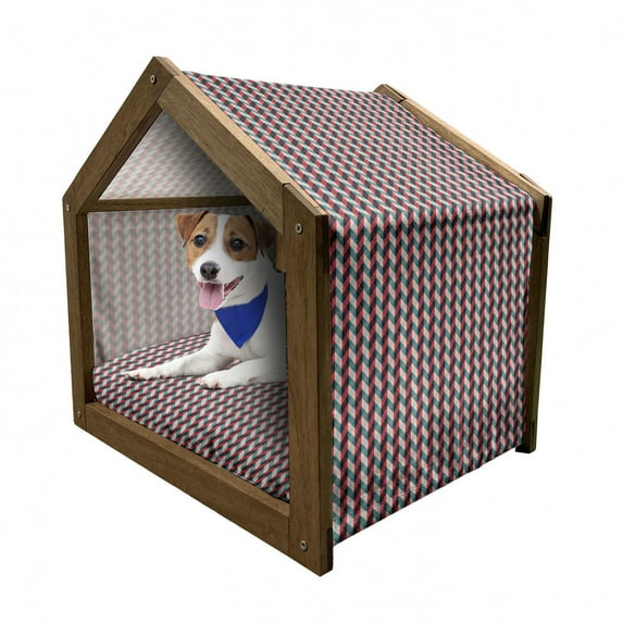 Retro Pet House, Vintage Country Style Pattern with Diagonal Checks and Vertical Stripes, Outdoor & Indoor Portable Dog Kennel with Pillow and Cover, 5 Sizes, Dark Coral Teal Beige, by Ambesonne