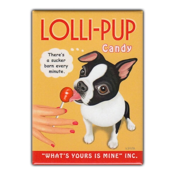 Retro Pets Refrigerator Magnet - Lolli-Pup Candy, Boston Terrier - Vintage Advertising Art - 2.5" x 3.5"