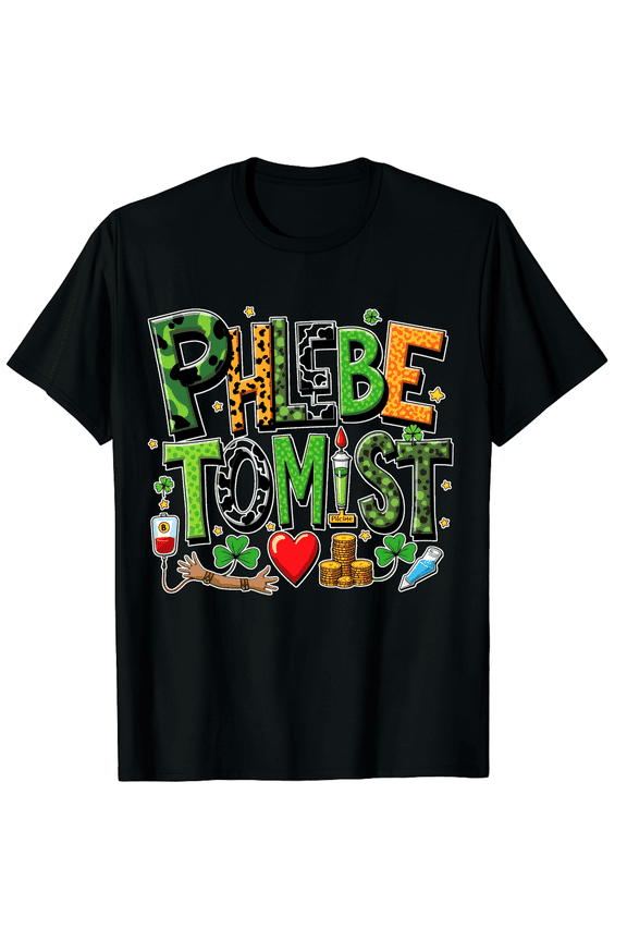 Retro Phlebotomist St. Patrick's Day T-Shirt Lucky Phlebotomy Nurse Graphic Tee Green Shamrock Leopard Print Medical Professional Apparel