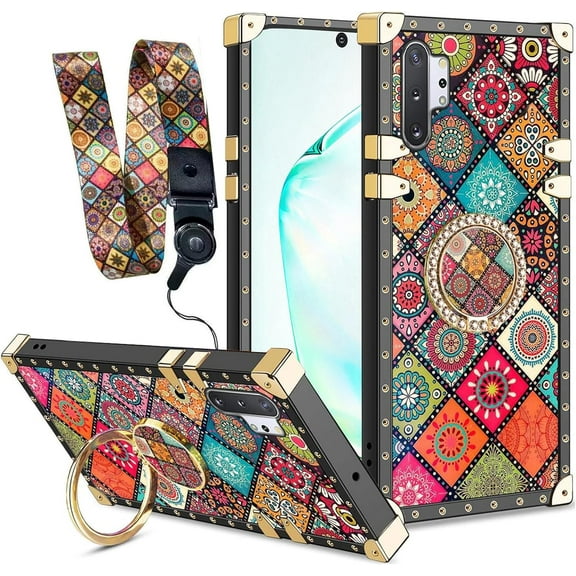 Retro Phone Case for Samsung Note 10 Plus with Holder Ring & Lanyard Girls Women Hippie Bohemian Psychedelic Colorful Boho Mandala Flower Shockproof Protective Cover Case for Note 10+ - Mandala