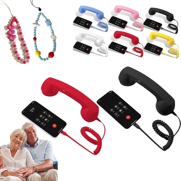 Retro Phone Handset, Handheld Cell Phone Receiver with Microphone & Speaker, No Delay, Retro Telephone Style Landline Handle Receiver for iPhone C & Android, Enhanced Clear Audio,Type-C (Black*red)