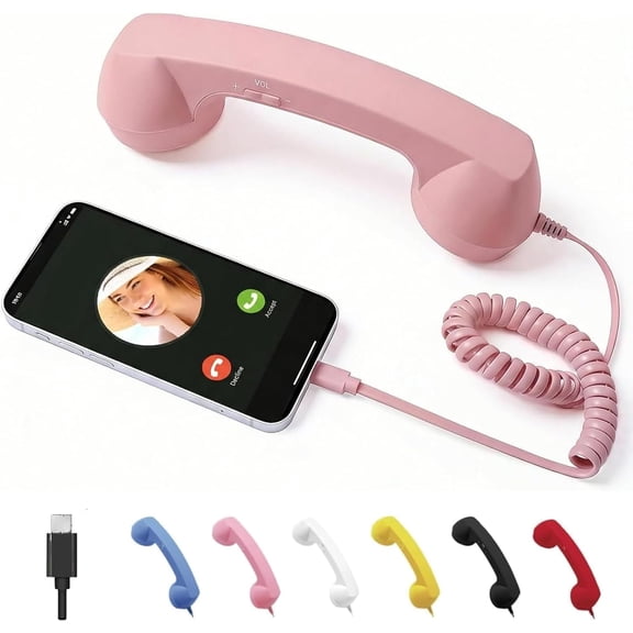 Retro Phone Handset for iPhone & Android,Type-C Vintage Wired Plug in Handheld Cell Phone Receiver with Microphone,Pink