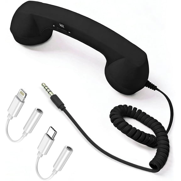 Retro Phone Handset for iPhone and Cell Phone, Corded Retro Receiver with Volume Control, 3.5mm jack, includes 2 Adapters (Black)