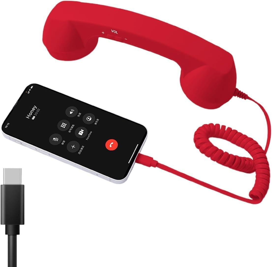 Retro Phone Handset for iPhone & Android, Cell Phone Receiver with Microphone & Speaker, Vintage Old School Telephone Handset for Mobile Phones, 90s Style Prop for Photos(Red,Type-C)