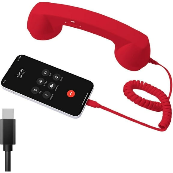 Retro Phone Handset for iPhone & Android, Cell Phone Receiver with Microphone & Speaker, Vintage Old School Telephone Handset for Mobile Phones, 90s Style Prop for Photos(Red,Type-C)