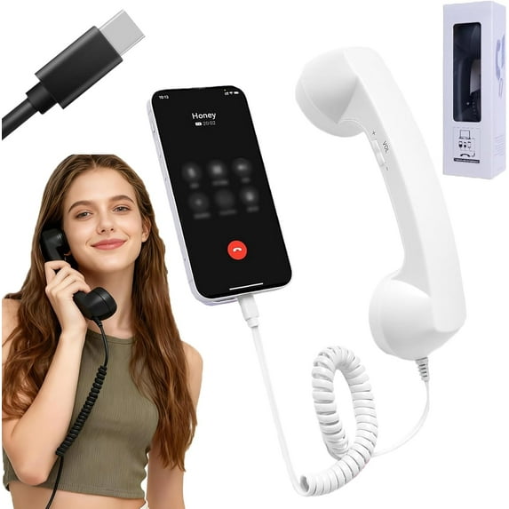 Retro Phone Handset for iPhone & Android, Cell Phone Receiver with Microphone & Speaker, Vintage Old School Telephone Handset for Mobile Phones, 90s Style Prop for Photos(Type-C,）