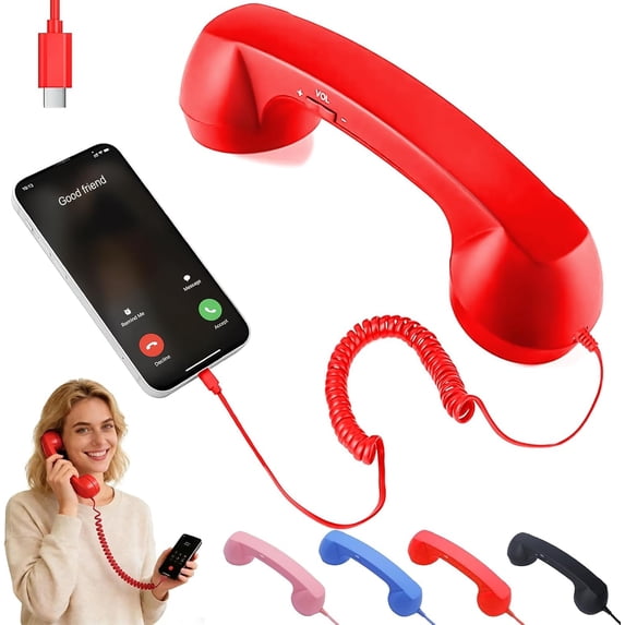 Retro Phone Handset for iPhone Android Cell Phone,Type-C Corded Receiver with Volume Control,Vintage Wired Handset for Clear Calls and Stylish Desktop Use