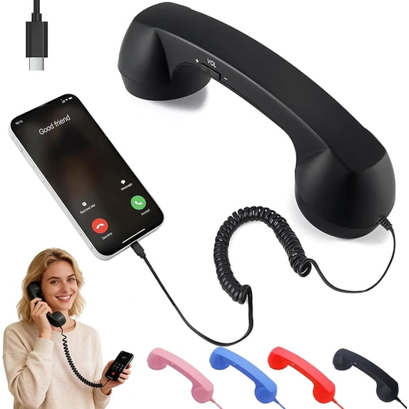Retro Phone Handset for iPhone Android Cell Phone,Type-C Corded Receiver with Volume Control,Vintage Wired Handset for Clear Calls and Stylish Desktop Use