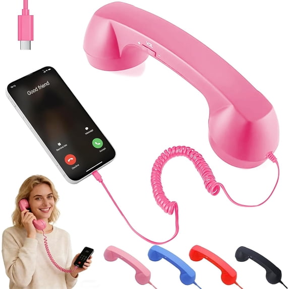 Retro Phone Handset for iPhone Android Cell Phone,Type-C Corded Receiver with Volume Control,Vintage Wired Handset for Clear Calls and Stylish Desktop Use