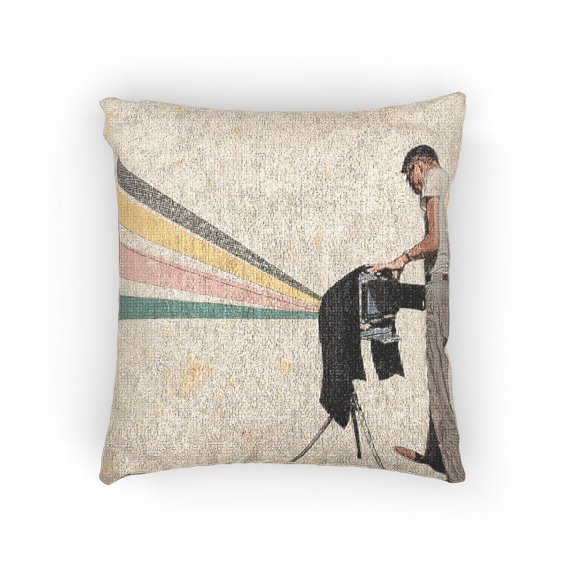 Retro Photographer and Camera with Pastel Color Rays Decorative Woven Pillow, Cotton-Polyester Shell