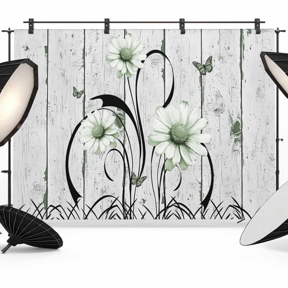 Retro Photography Backdrop 7x5FT, Green Daisy Flowers Butterfly Wood Grain Photo Backdrops, Background for Photography Studio Photo Studio Background, Back Drop for Photoshoot