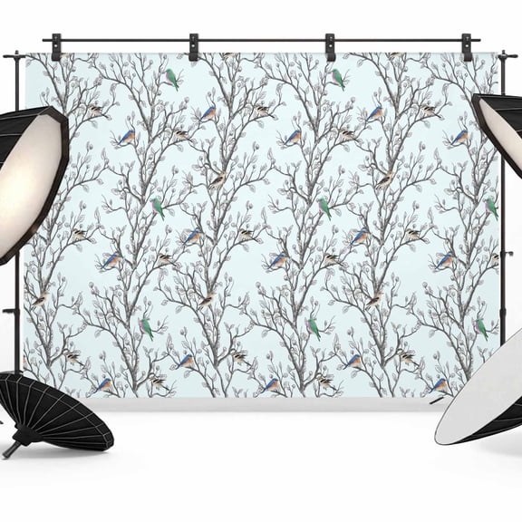 Retro Photography Backdrop 7x5FT, Nature Tree Branches Texture Colored Birds Light Blue Photo Backdrops, Background for Photography Studio Photo Studio Background, Back Drop for Photoshoot