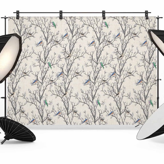 Retro Photography Backdrop 7x5FT, Nature Tree Branches Texture Colored Birds Rustic Linen Photo Backdrops, Background for Photography Studio Photo Studio Background, Back Drop for Photoshoot