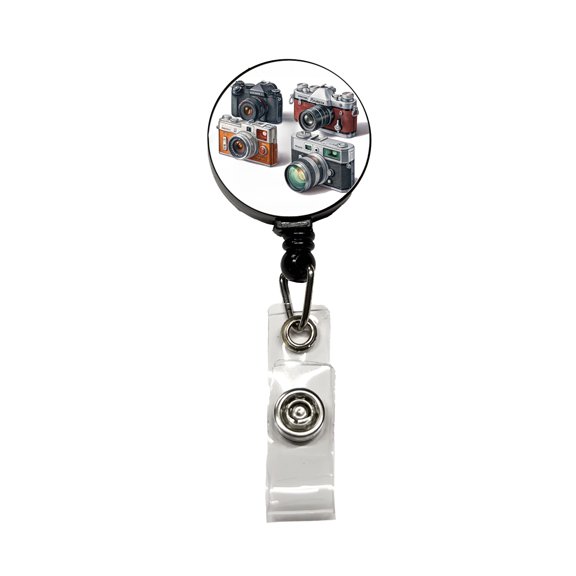 Retro Photography Cameras Retractable Reel ID Badge Key Card Name Tag Holder with Clip