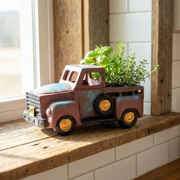 Retro Pickup Truck Flower Pot, Blue Vintage Truck Decor, Farmhouse Small Truck Planter for Cactus Succulents, Indoor Outdoor Garden