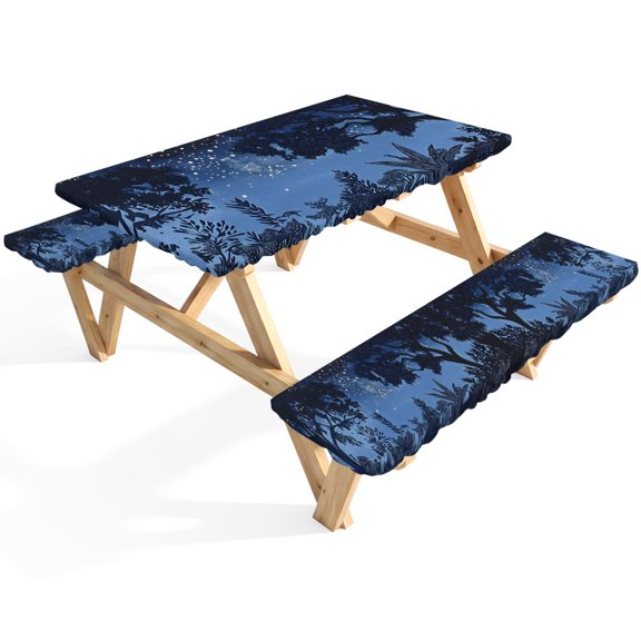Retro Picnic Table Cover with Bench Covers Starry Sky Night Forest Tree Shadows Pastoral Waterproof Fitted Picnic Tablecloth 3 Pieces Set Table Cloth for Outdoor Camping Garden BBQ