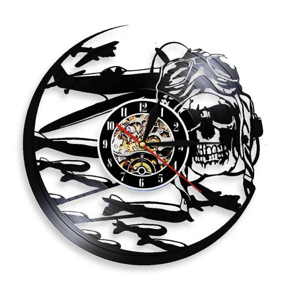 Retro Pilot Skull Wall Clock Aviator Skeleton Vinyl Record Wall Clock Airplane Flying Jet Helmet Hipster Goggles Skull Wall Deco Without LED