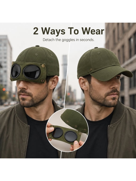Retro Pilot Style Baseball Cap LSONABXA With Detachable Integrated Goggles, 2 Ways to Wear Attached Sunglasses Hat, Round Top Fashion Street Cap