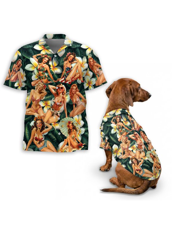 Retro Pin Up Girl Hawaiian Shirt for Men and Dogs, Dark Green Tropical Aloha Button Up Shirt, Summer Owner Pet Matching Outfit