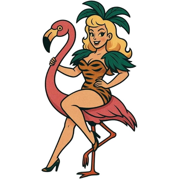 Retro Pin-Up Girl Riding Flamingo Tropical Vinyl Sticker, Waterproof Decal for Laptop, Water Bottle, Car Bumper and Tumbler (4" x 2.1")