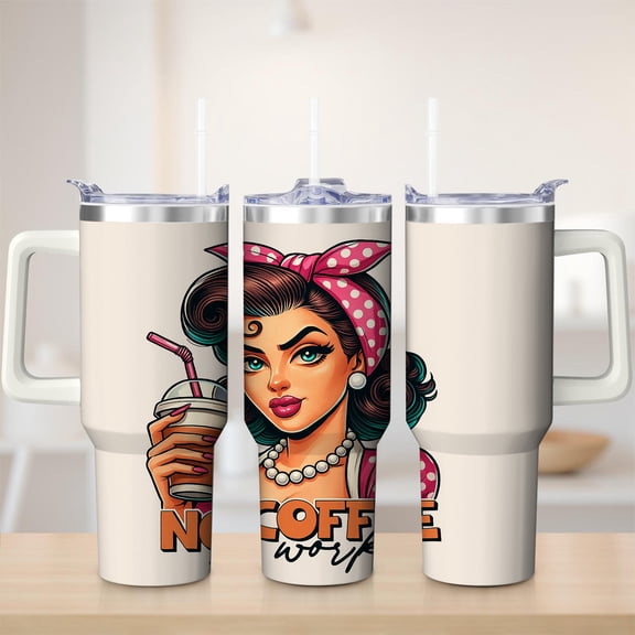 Retro Pin-Up No Coffee No Work Stainless Steel Insulated Mug with Lid and Handle, 30oz