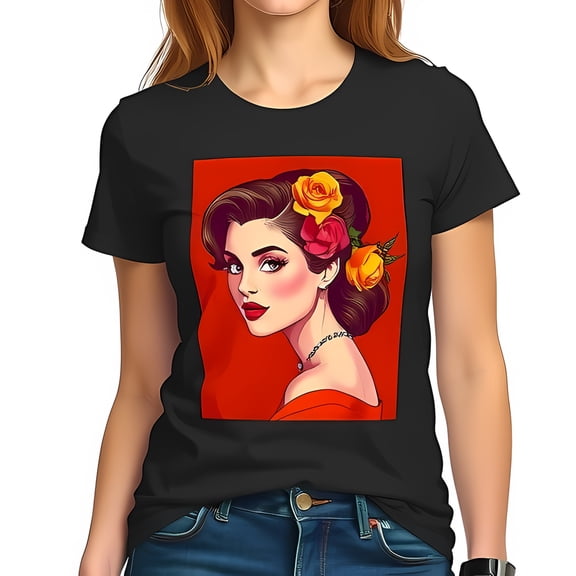 Retro Pin-Up Style Black T-Shirt with Colorful Rose Illustration and Bold Red Background