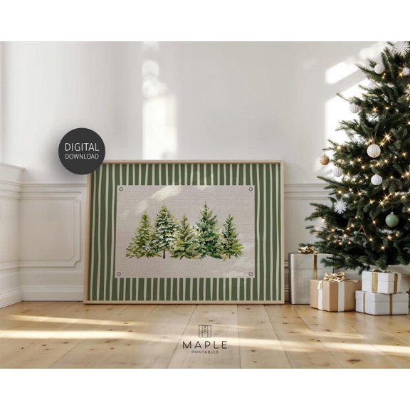 Retro Pine Tree Forest Wall Art Print With Farmhouse Winter Holiday Decor