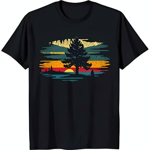 Retro Pine Tree Sunset Graphic Black T-Shirt Nature Inspired Design
