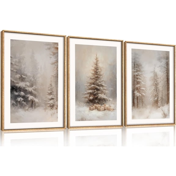Retro Pine Tree Woodland Landscape Framed Canvas Wall Art Set,Modern Rustic Forest Scenery Wall Decor,Textured Natural Misty Botanical Artwork for Living Room, Bedroom,Farmhouse- 24"x36"x3