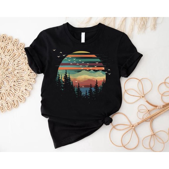 Retro Pine Trees Sunset Shirt for Nature Lover Gift, Forest Themed Shirt,Summer Camping Tee,Adventurer Gift,Outdoor Shirt,Hiker Camping Gift Sweatshirt All Size S-5XL