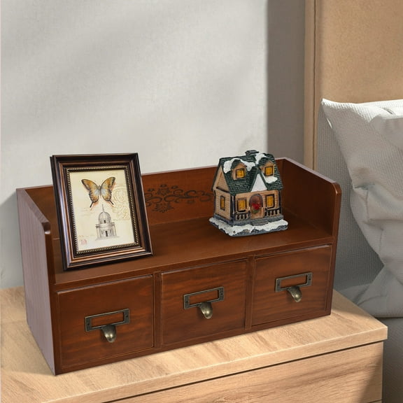 Retro Pine Wood Desktop Organizer 3 Drawers & Top Shelf, Vintage Storage for Office, Cosmetics, Jewelry & More