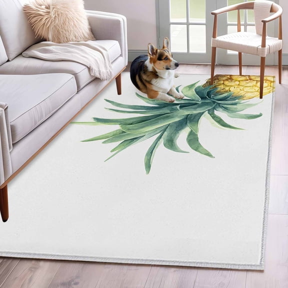 Retro Pineapple Area Rugs 4x6 ft Summer Style Yellow Fruit Leaf Grey Background Washable Rug Non Slip Indoor Carpet Absorbent Floor Mat for Living Room Bedroom Dining Room