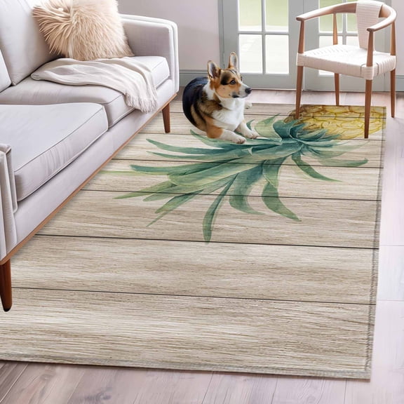 Retro Pineapple Area Rugs 4x6 ft Summer Style Yellow Fruit Leaf Wood Grain Washable Rug Non Slip Indoor Carpet Absorbent Floor Mat for Living Room Bedroom Dining Room