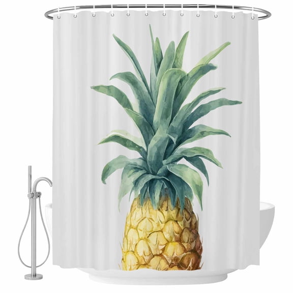 Retro Pineapple Bathroom Shower Curtains with Hooks, Summer Style Yellow Fruit Leaf Grey Background Waterproof Fabric Washable Shower Curtain for Home Hotel Bathtub Decor 36x72 Inch