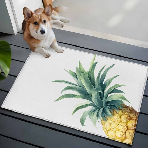 Retro Pineapple Front Door Rugs 2x3 ft Summer Style Yellow Fruit Leaf Grey Background Small Rug for Entryway Non Slip Washable Bathroom Door Mat Absorbent Floor Mat for Indoor Entrance
