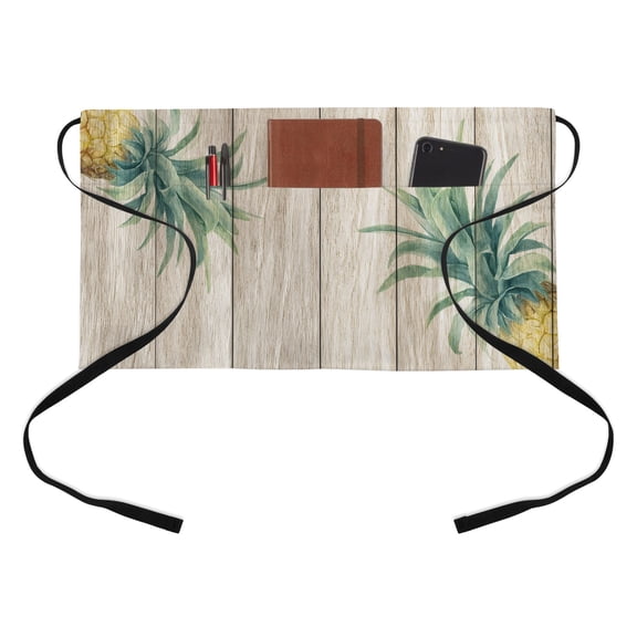 Retro Pineapple Kitchen Restaurant Half Waist Apron, Summer Style Yellow Fruit Leaf Wood Grain Server Short Apron with 3 Pockets Waterproof Oil Waist Aprons for Women Waitress Waiter