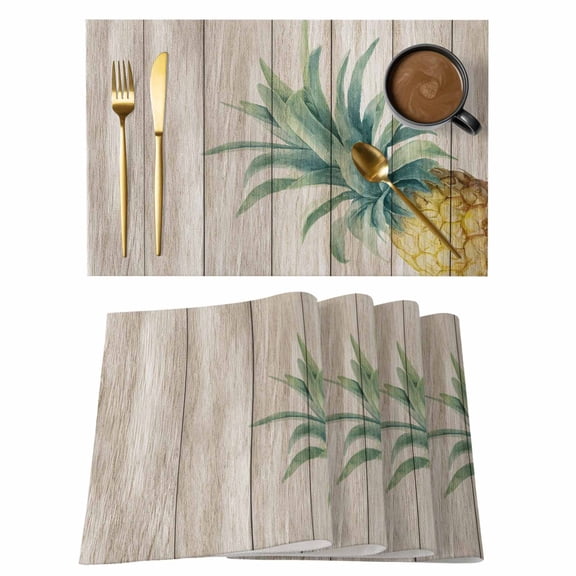 Retro Pineapple Placemats Set of 2 Summer Style Yellow Fruit Leaf Wood Grain Heat Insulation Washable Place Mats, Rustic Non-Slip Table Mats for Dining Table Party Kitchen Decor,13x19 Inch
