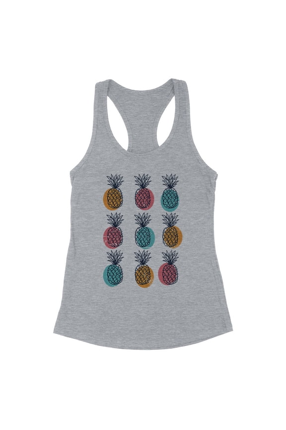 Retro Pineapple Print Tank Top Fitted Racerback Women's Large Heather Grey