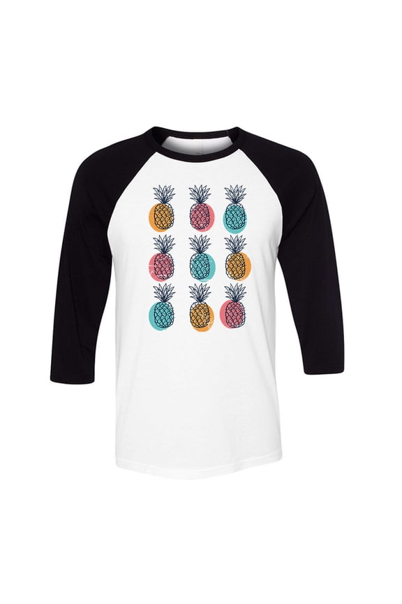 Retro Pineapple Print Three-Quarter Raglan Sleeve Baseball Shirt Unisex X-Large White/Black