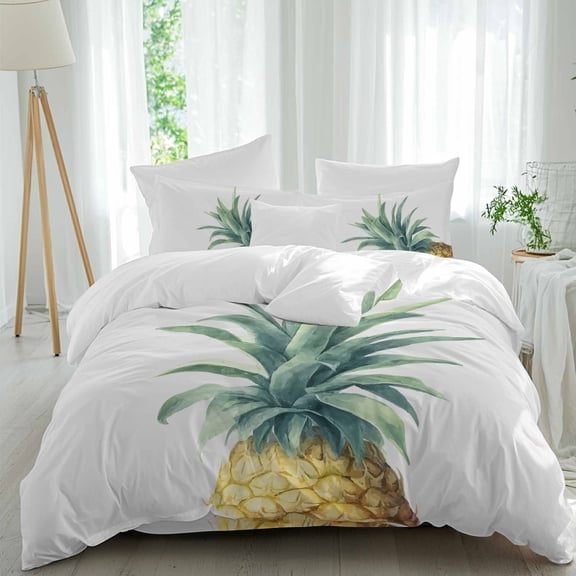 Retro Pineapple Queen Size Comforter Set, Summer Style Yellow Fruit Leaf Grey Background Bedding for All Seasons, 4 Pcs Bed Set, 1Quiltcover (90"x92") ,1Sheet(94"x116"), 2Pillowcases (30"x20")