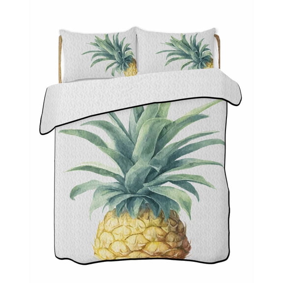 Retro Pineapple Quilts Bedding Set California King Summer Style Yellow Fruit Leaf Grey Background Lightweight Quilted Bedspread 3 Piece Bed Quilt with 2 Pillow Shams All Season for Bedroom 96" x 106"