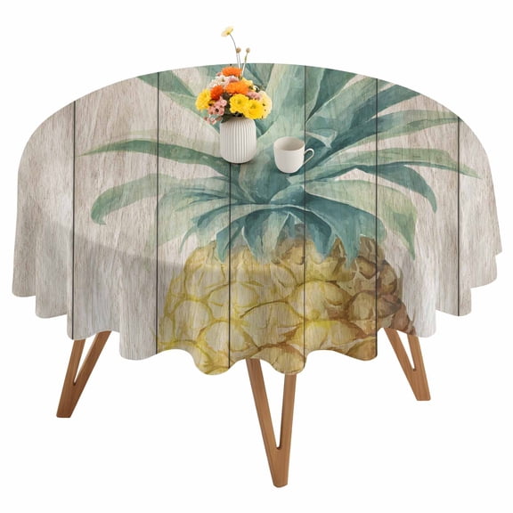 Retro Pineapple Round Tablecloth 60 inches Summer Style Yellow Fruit Leaf Wood Grain Waterproof Oil-Proof Table Cloth Round Table Cover for Holiday Party Picnic Dinner Decor Indoor and Outdoor Use