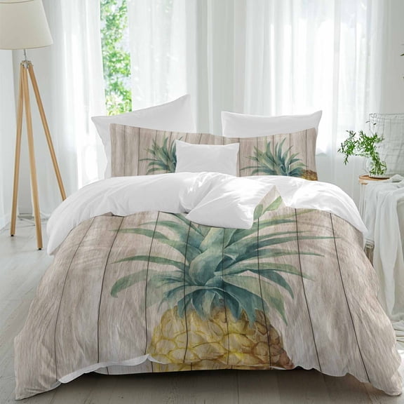 Retro Pineapple Twin Size Comforter Set, Summer Style Yellow Fruit Leaf Wood Grain Bedding for All Seasons, 4 Pcs Bed Set, 1 Quiltcover (68"x86") ,1Sheet(67"x116"), 2Pillowcases (30"x20")