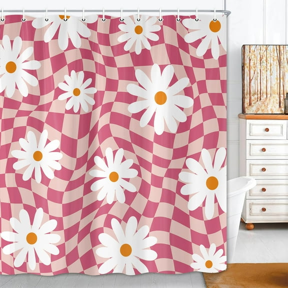 Retro Pink 70S Shower Curtain, Colorful Checkered Aesthetic Aabstract Shower Curtains for Bathroom, Vintage Groovy Daisy Floral Flowers Bath Curtain, Geometric Modern Bathroom Decor 70X70in