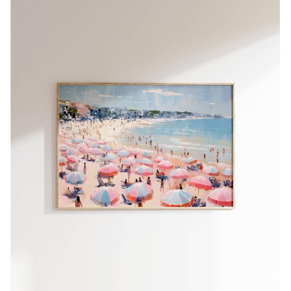 Retro Pink Beach Print, Beach Umbrella Poster, Vintage Beach Wall Art, Pink Apartment Decor, Girly Wall Art, Home Decor #2930, Unframed Canvas Size 12x18