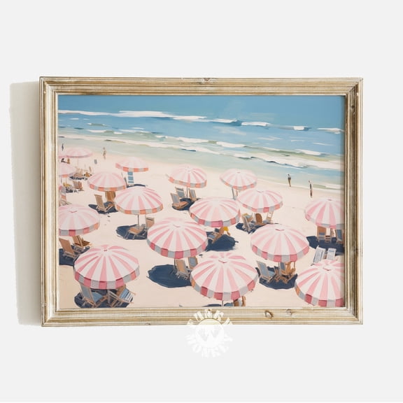 Retro Pink Beach Umbrella Vintage Coastal Wall Art, Unframed Paper Print Size 8x12